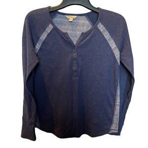 Lucky Brand Women's Long Sleeve Henley V neck with buttons Blue/Cream Size Large
